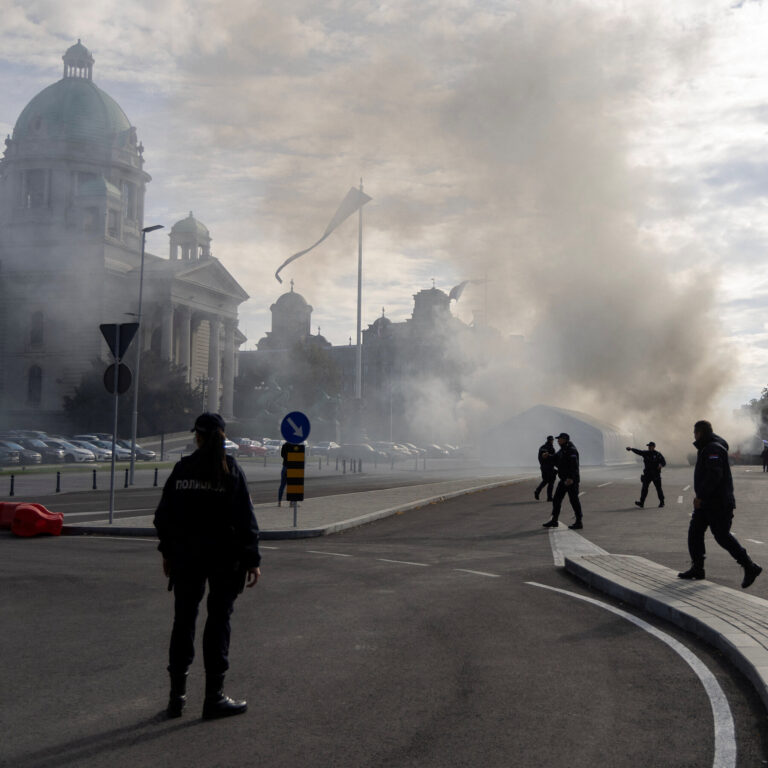 Man Is Shot and Tents Set on Fire Outside Serbia’s Parliament